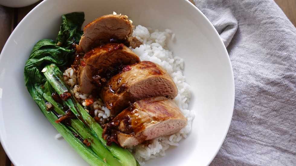 Ginger and Soy Poached Pork Fillet with Asian Greens